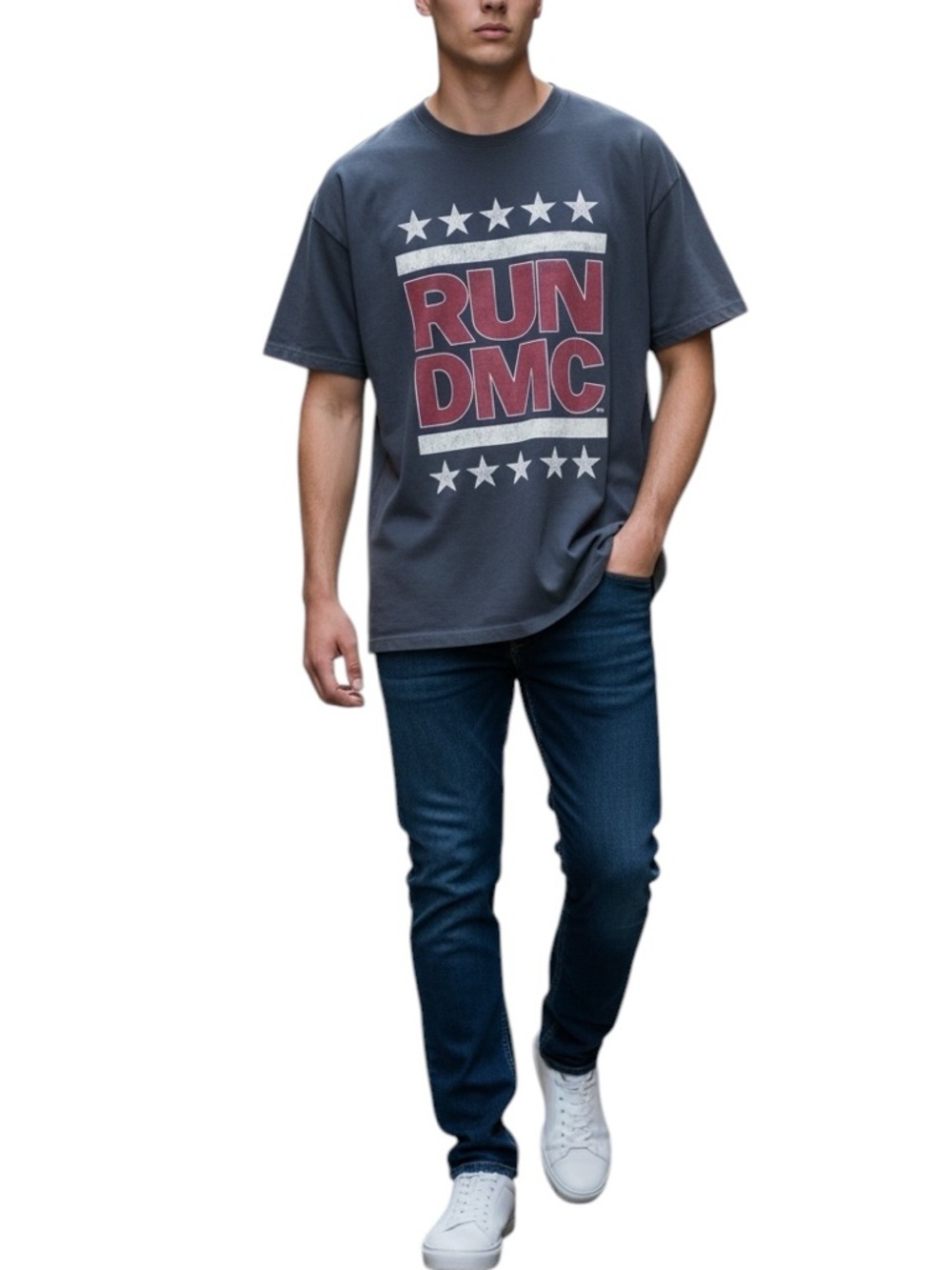 H&M + Run DMC Mens Graphic Logo T-Shirt Charcoal Grey Loose Boxy Fit XL